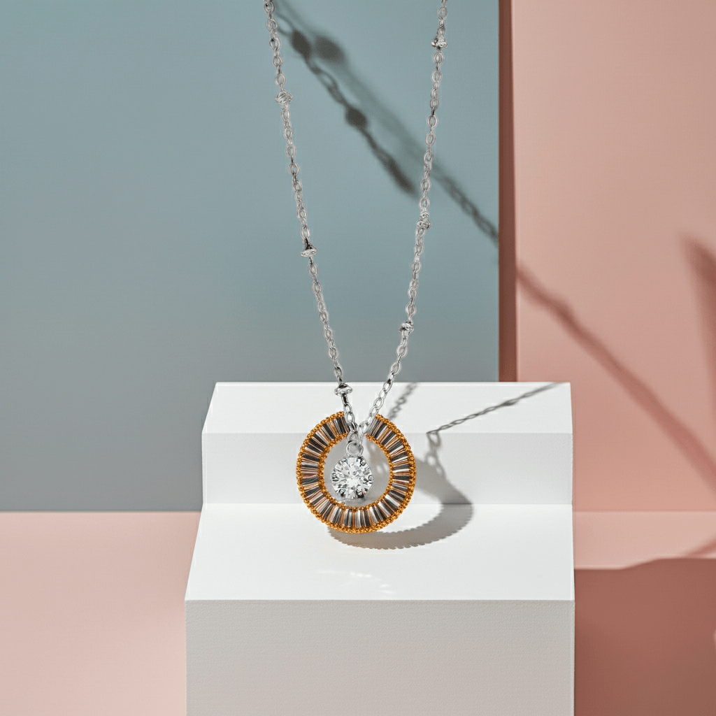 KADIRI Silver: Solitaire Zirconia Charm Pendant on a Beaded Chain Necklace - MacroPanora