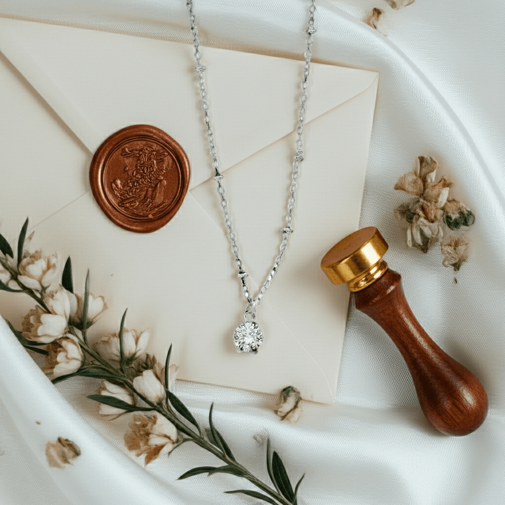 KADIRI Silver: Solitaire Zirconia Charm Pendant on a Beaded Chain Necklace - MacroPanora
