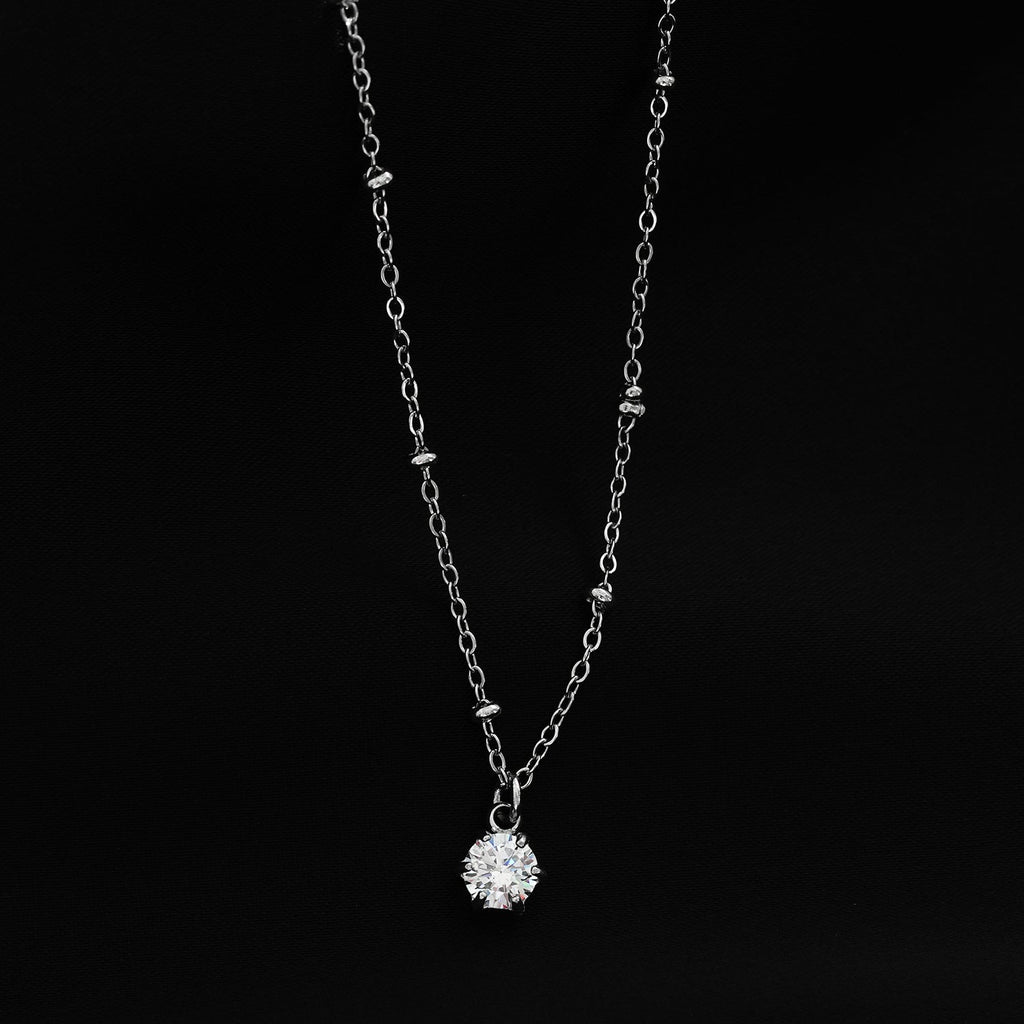 KADIRI Silver: Solitaire Zirconia Charm Pendant on a Beaded Chain Necklace - MacroPanora