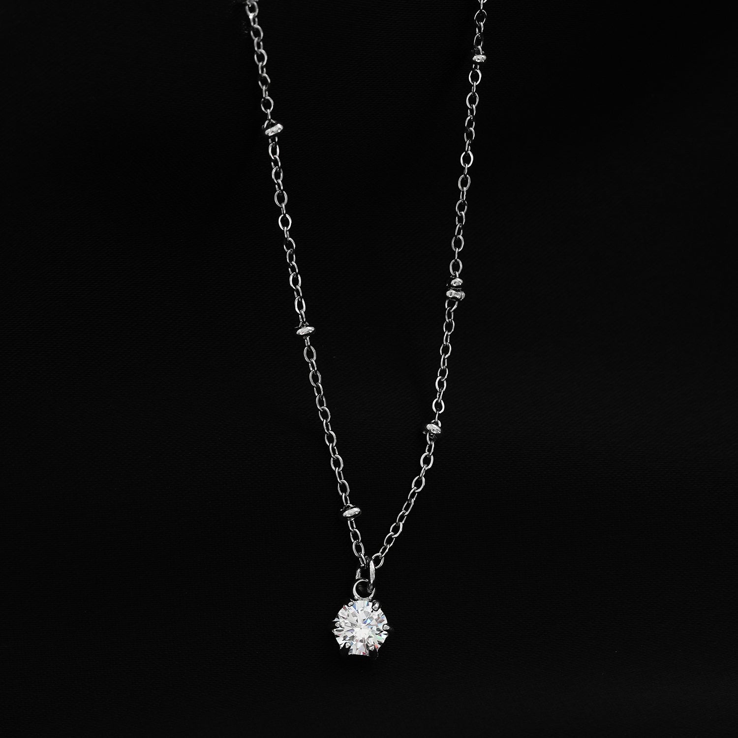 KADIRI Silver: Solitaire Zirconia Charm Pendant on a Beaded Chain Necklace - MacroPanora
