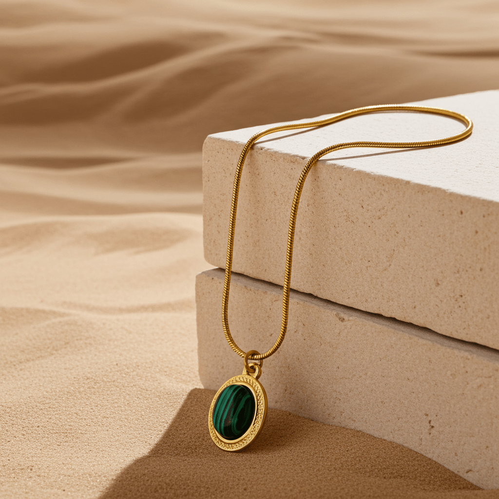 KRISTOS: Vintage Inspired Snake Skin Chain anchoring a Malachite Oval Pendant - MacroPanora