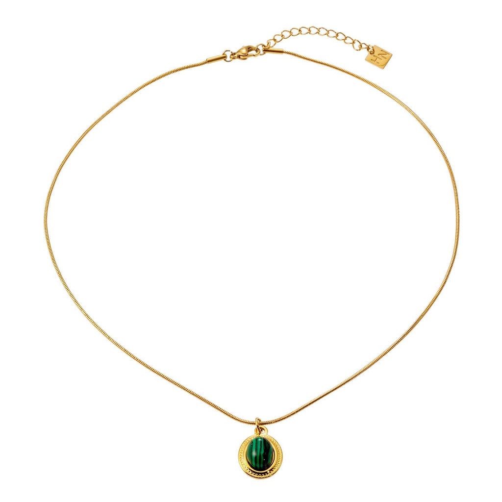 KRISTOS: Vintage Inspired Snake Skin Chain anchoring a Malachite Oval Pendant - MacroPanora