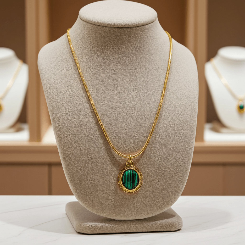 KRISTOS: Vintage Inspired Snake Skin Chain anchoring a Malachite Oval Pendant - MacroPanora