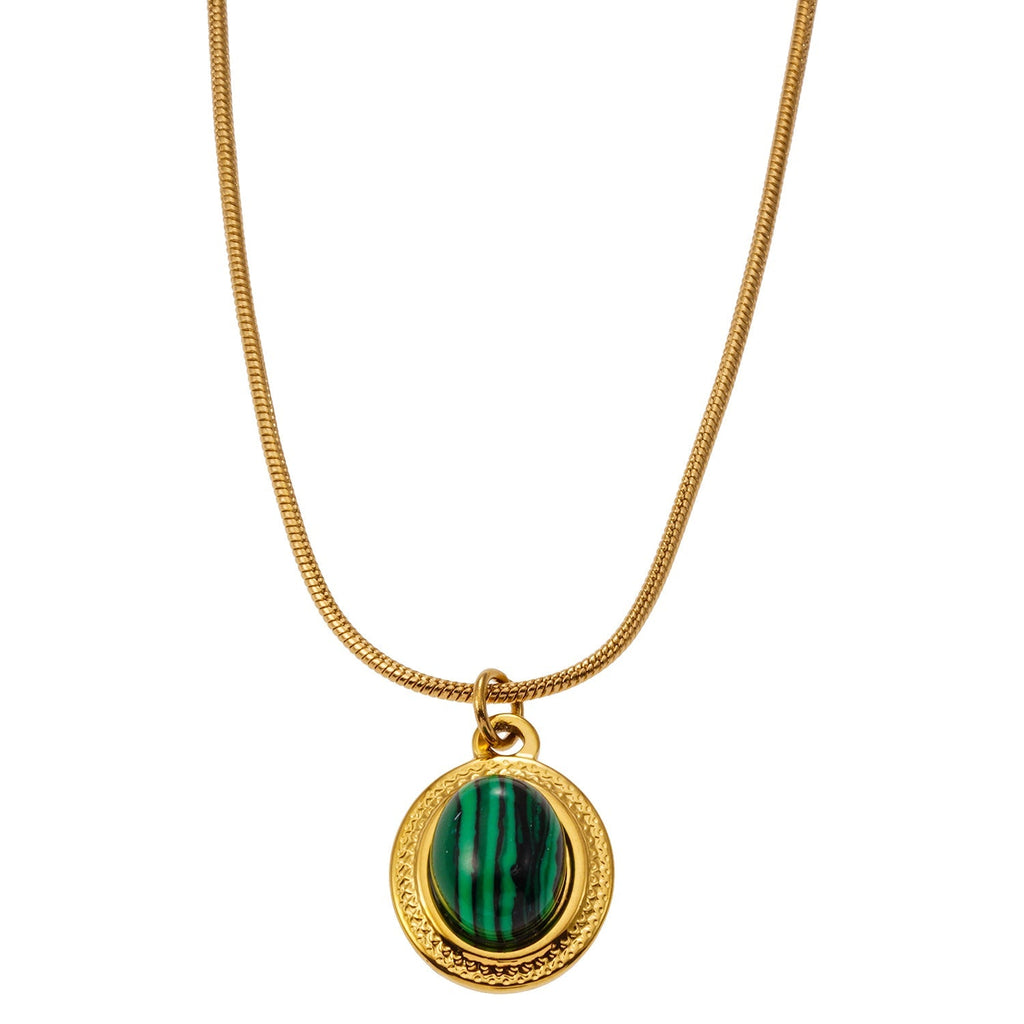 KRISTOS: Vintage Inspired Snake Skin Chain anchoring a Malachite Oval Pendant - MacroPanora