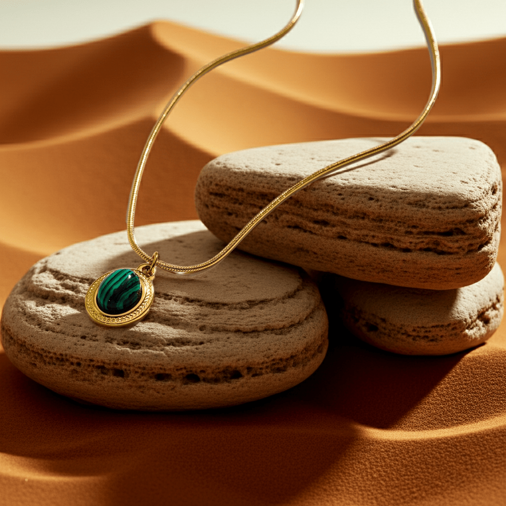 KRISTOS: Vintage Inspired Snake Skin Chain anchoring a Malachite Oval Pendant - MacroPanora