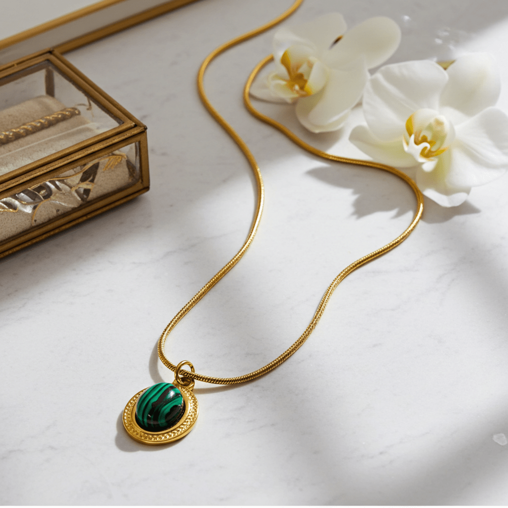 KRISTOS: Vintage Inspired Snake Skin Chain anchoring a Malachite Oval Pendant - MacroPanora