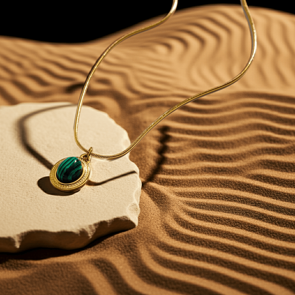 KRISTOS: Vintage Inspired Snake Skin Chain anchoring a Malachite Oval Pendant - MacroPanora