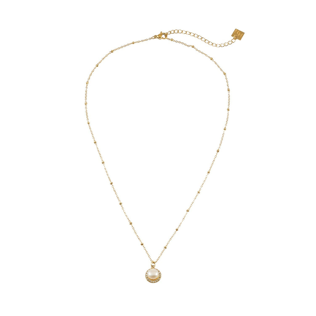 LATAHIA Gold: Beaded Chain necklace with Freshwater Pearl & Pavé Zirconia Border Pendant - MacroPanora
