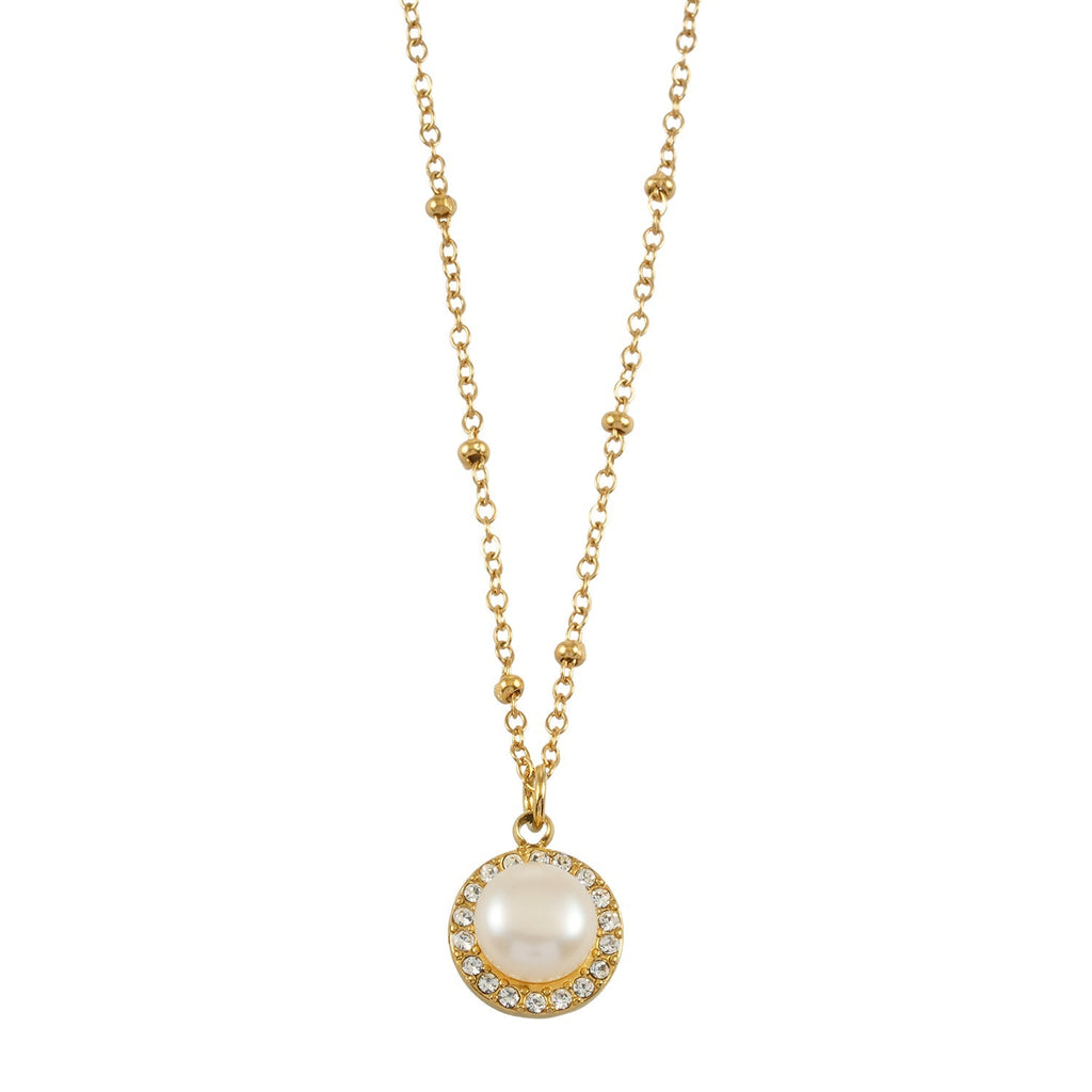 LATAHIA Gold: Beaded Chain necklace with Freshwater Pearl & Pavé Zirconia Border Pendant - MacroPanora