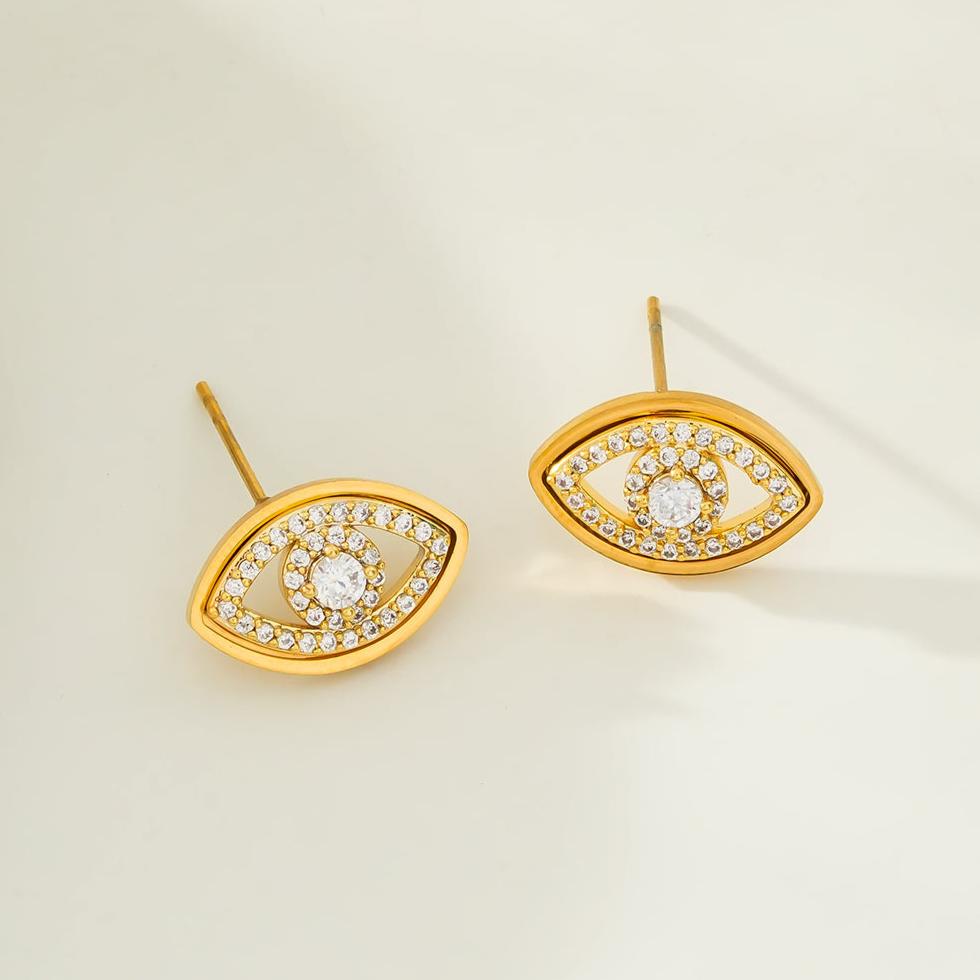 LUCKY EYE Gold: Zirconia (CZ) Embellished Evil Eye Stud Earrings - MacroPanora