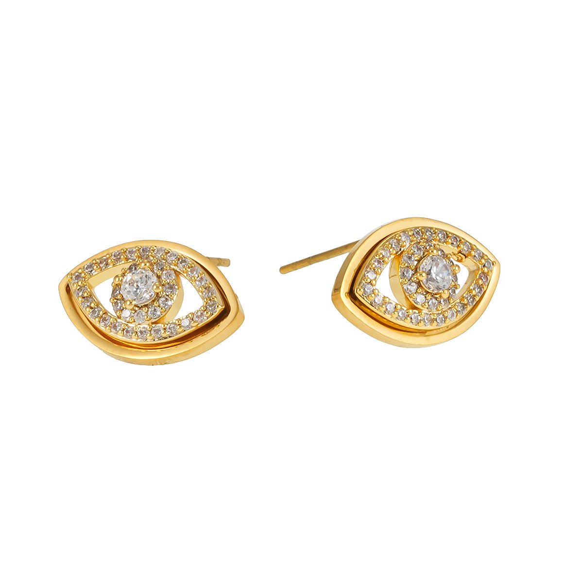 LUCKY EYE Gold: Zirconia (CZ) Embellished Evil Eye Stud Earrings - MacroPanora