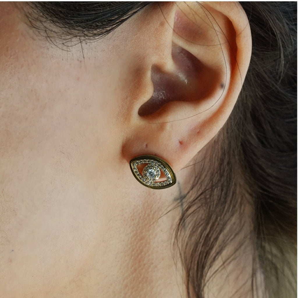 LUCKY EYE Gold: Zirconia (CZ) Embellished Evil Eye Stud Earrings - MacroPanora