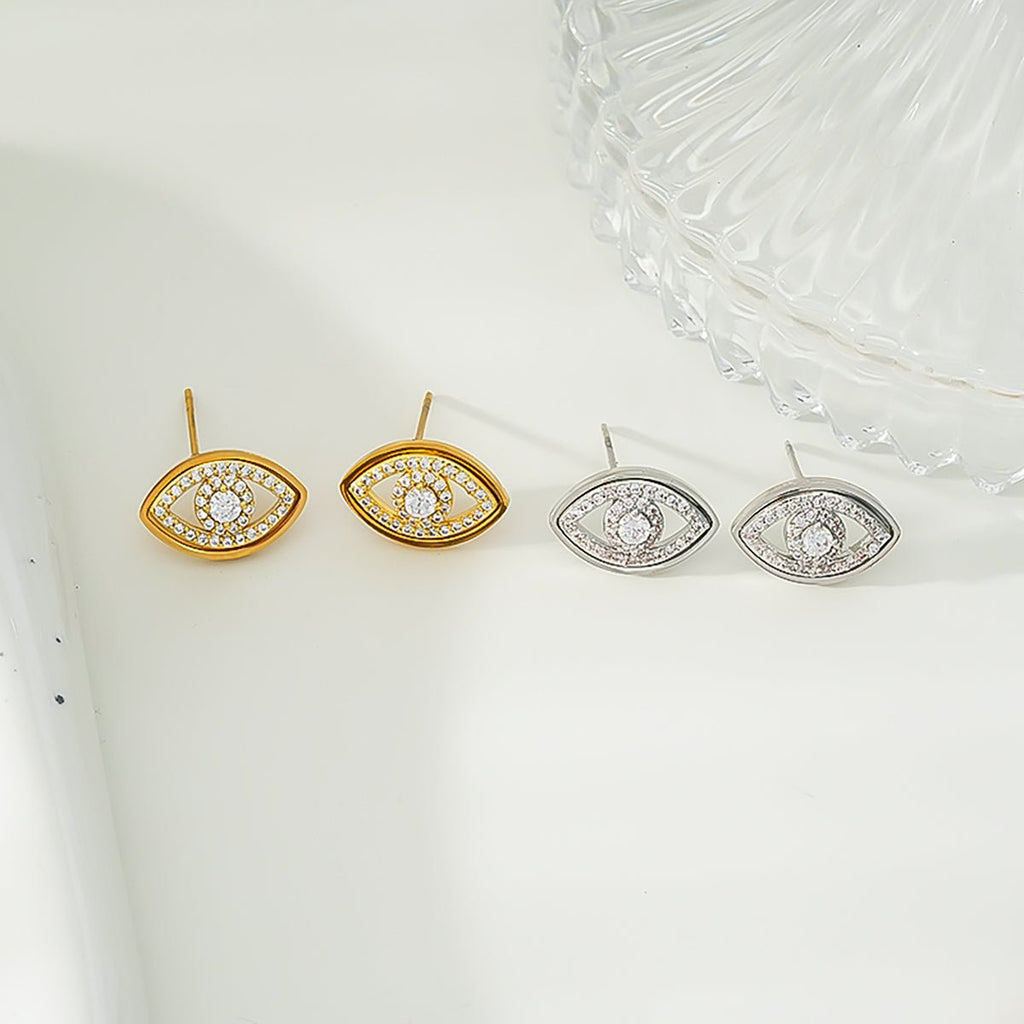 LUCKY EYE Gold: Zirconia (CZ) Embellished Evil Eye Stud Earrings - MacroPanora