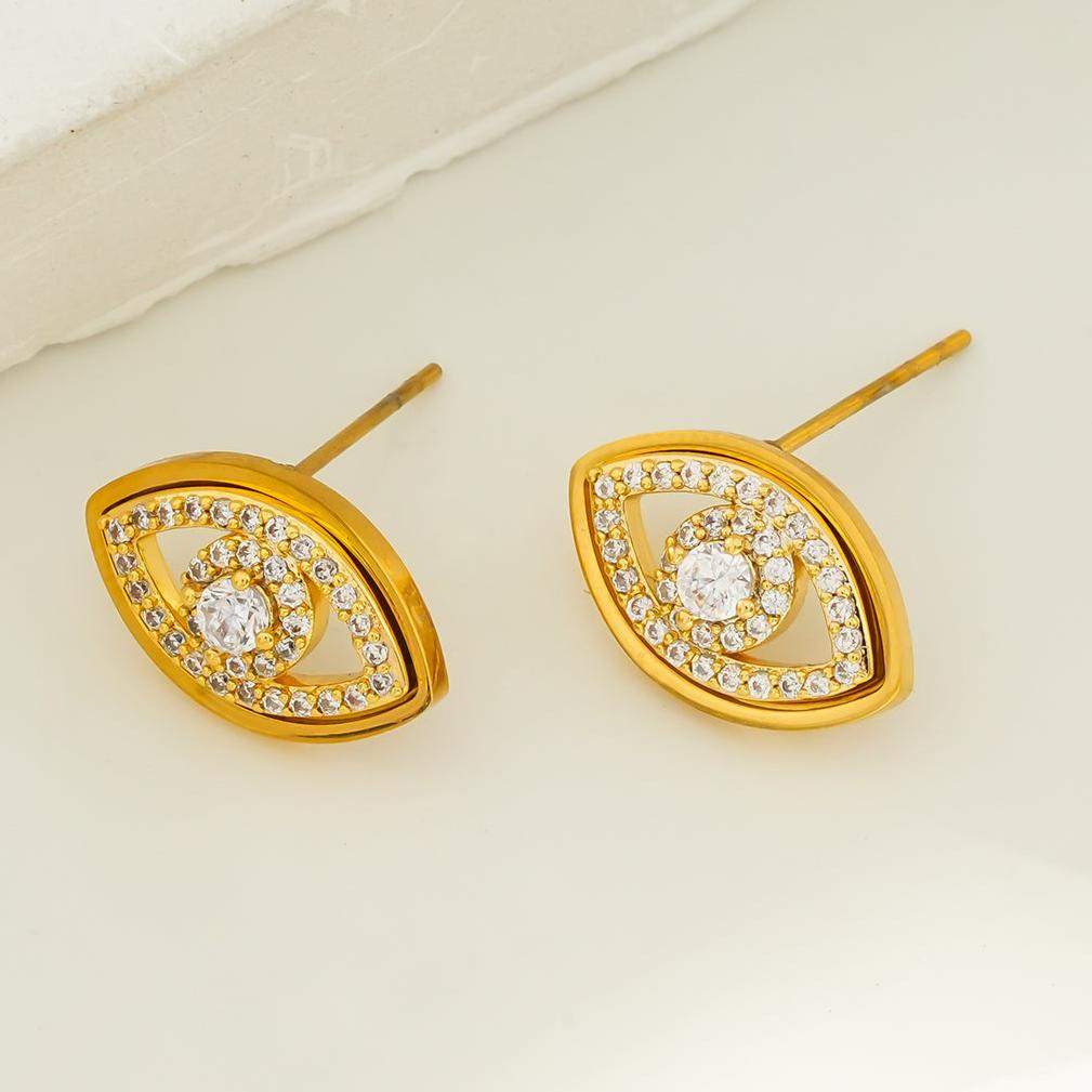 LUCKY EYE Gold: Zirconia (CZ) Embellished Evil Eye Stud Earrings - MacroPanora