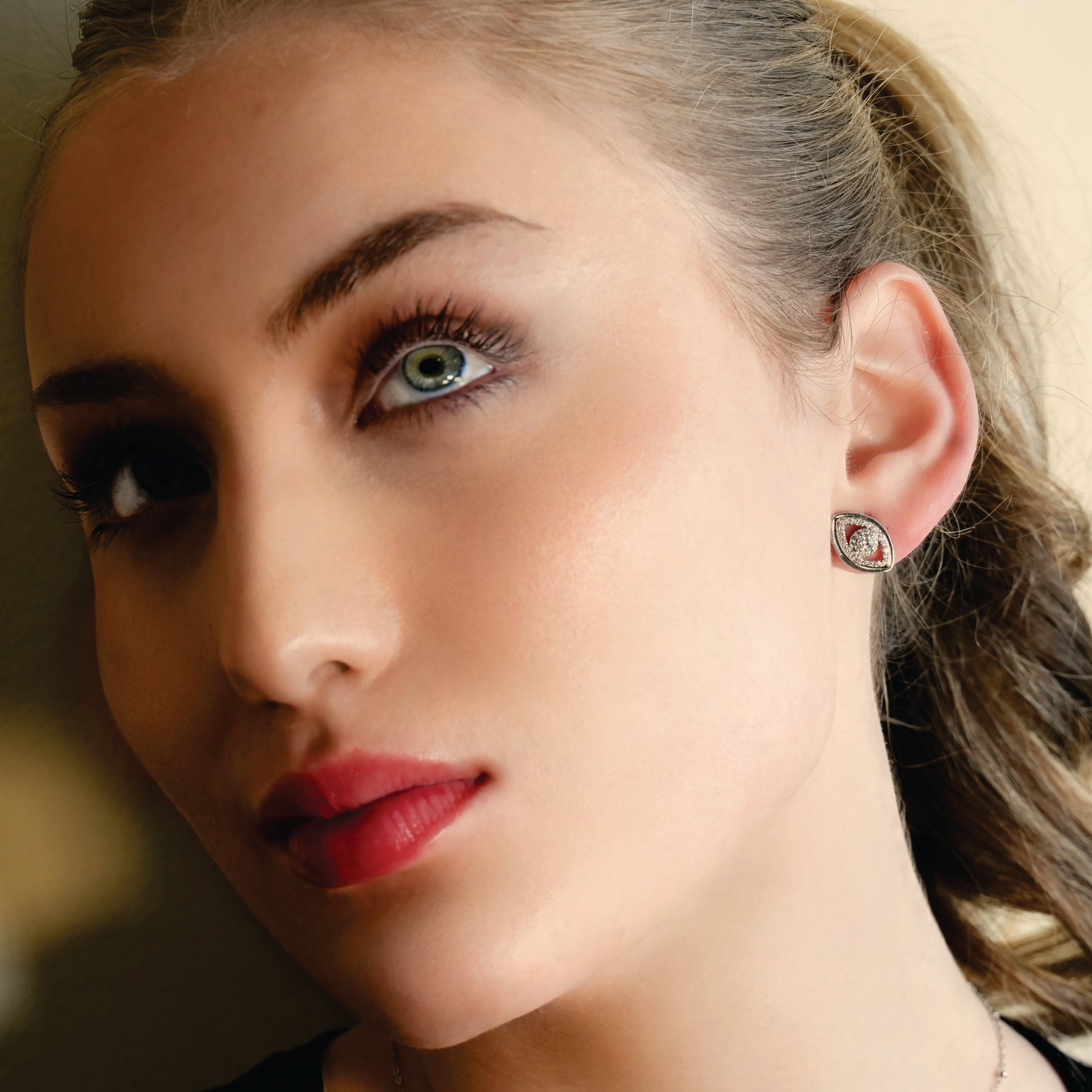 LUCKY EYE White Gold (Silver Toned): Zirconia (CZ) Embellished Evil Eye Stud Earrings - MacroPanora