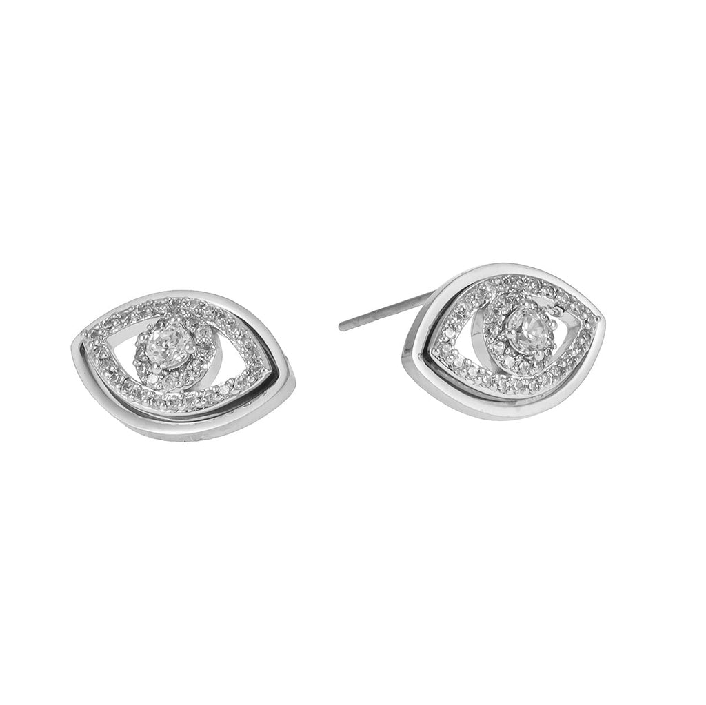 LUCKY EYE White Gold (Silver Toned): Zirconia (CZ) Embellished Evil Eye Stud Earrings - MacroPanora
