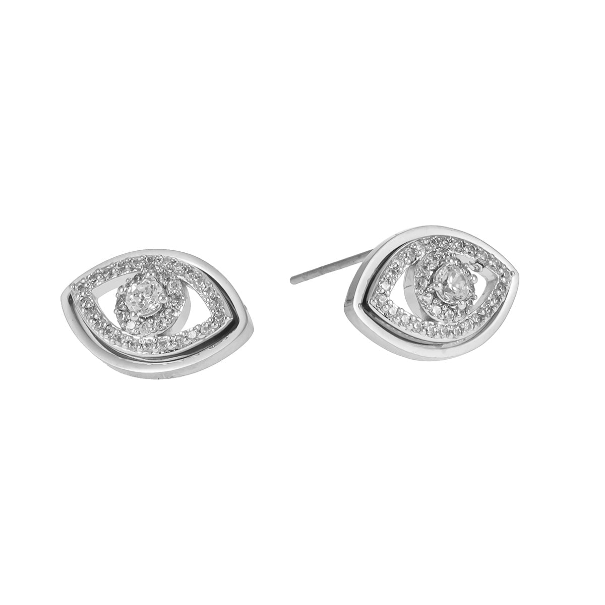 LUCKY EYE White Gold (Silver Toned): Zirconia (CZ) Embellished Evil Eye Stud Earrings - MacroPanora