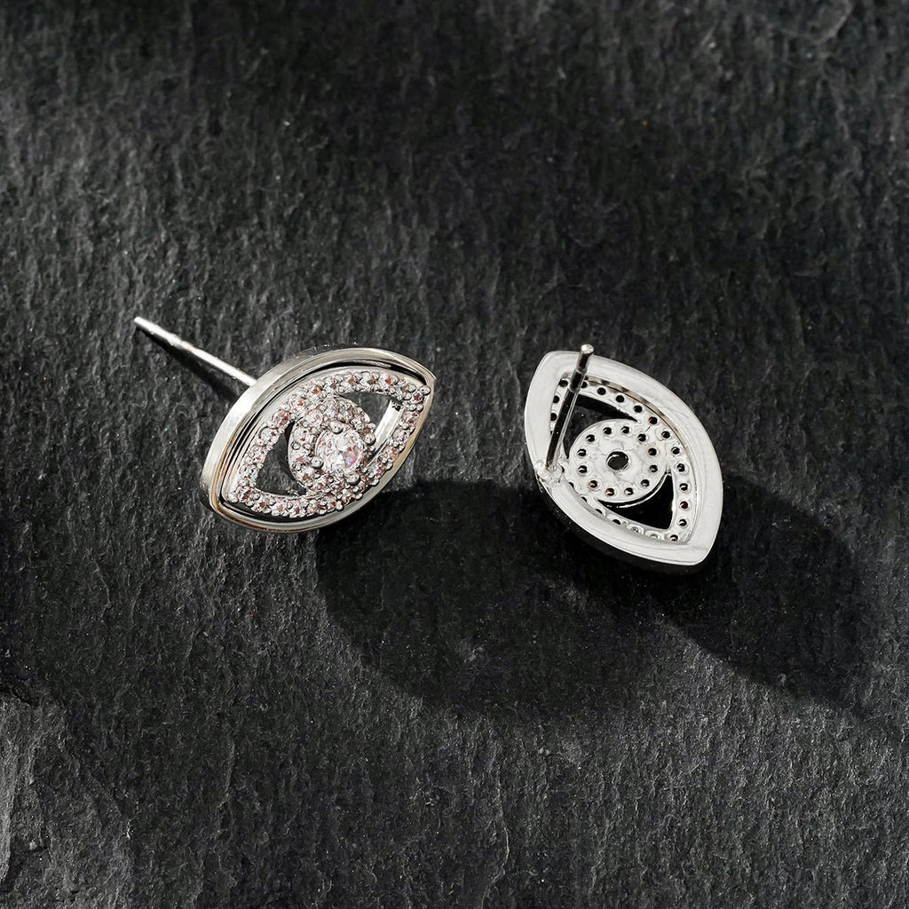 LUCKY EYE White Gold (Silver Toned): Zirconia (CZ) Embellished Evil Eye Stud Earrings - MacroPanora