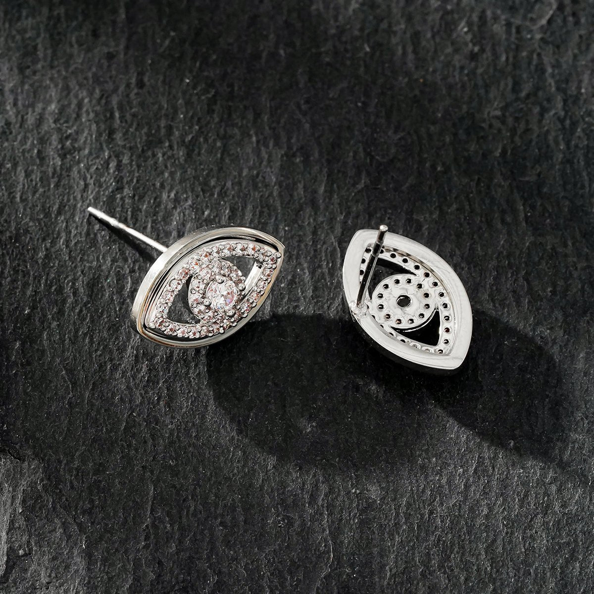 LUCKY EYE White Gold (Silver Toned): Zirconia (CZ) Embellished Evil Eye Stud Earrings - MacroPanora