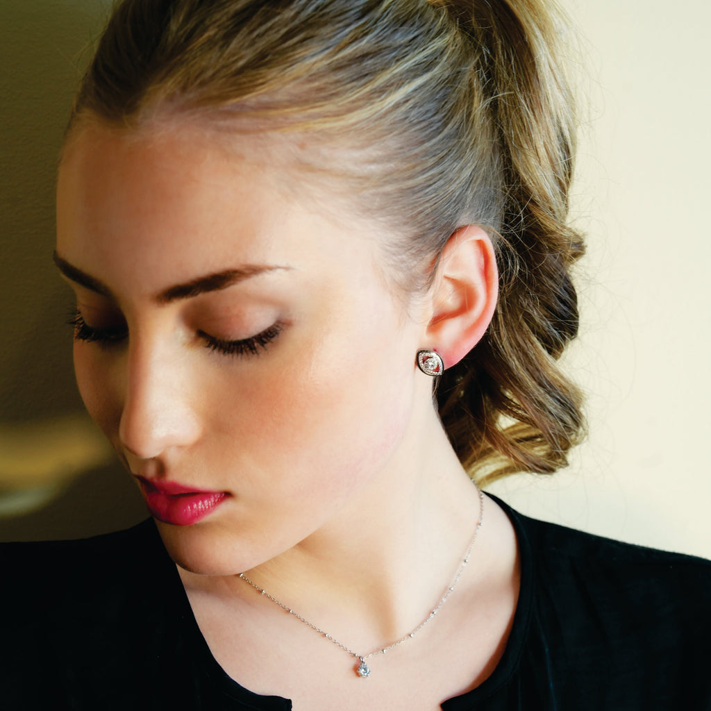 LUCKY EYE White Gold (Silver Toned): Zirconia (CZ) Embellished Evil Eye Stud Earrings - MacroPanora