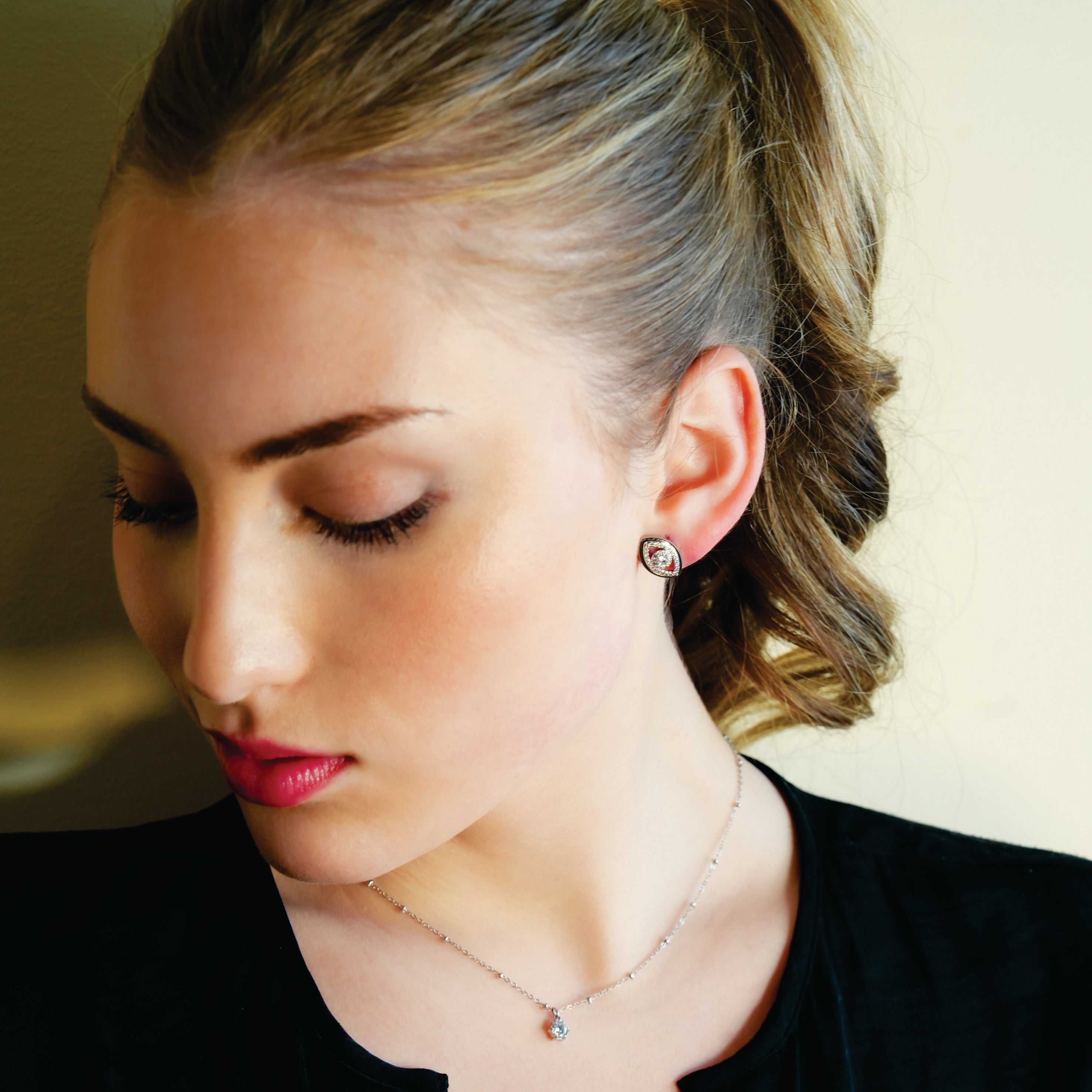 LUCKY EYE White Gold (Silver Toned): Zirconia (CZ) Embellished Evil Eye Stud Earrings - MacroPanora