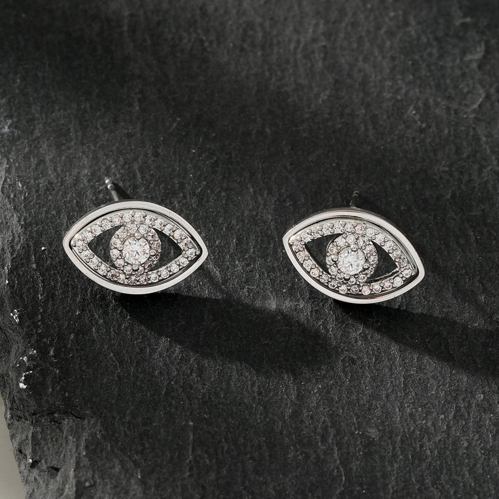 LUCKY EYE White Gold (Silver Toned): Zirconia (CZ) Embellished Evil Eye Stud Earrings - MacroPanora