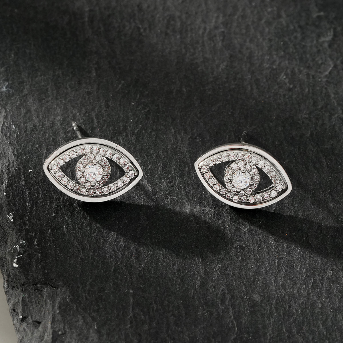 LUCKY EYE White Gold (Silver Toned): Zirconia (CZ) Embellished Evil Eye Stud Earrings - MacroPanora