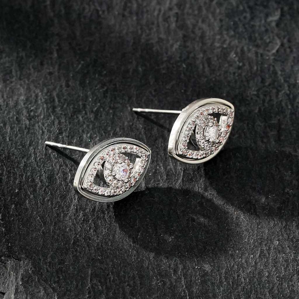 LUCKY EYE White Gold (Silver Toned): Zirconia (CZ) Embellished Evil Eye Stud Earrings - MacroPanora
