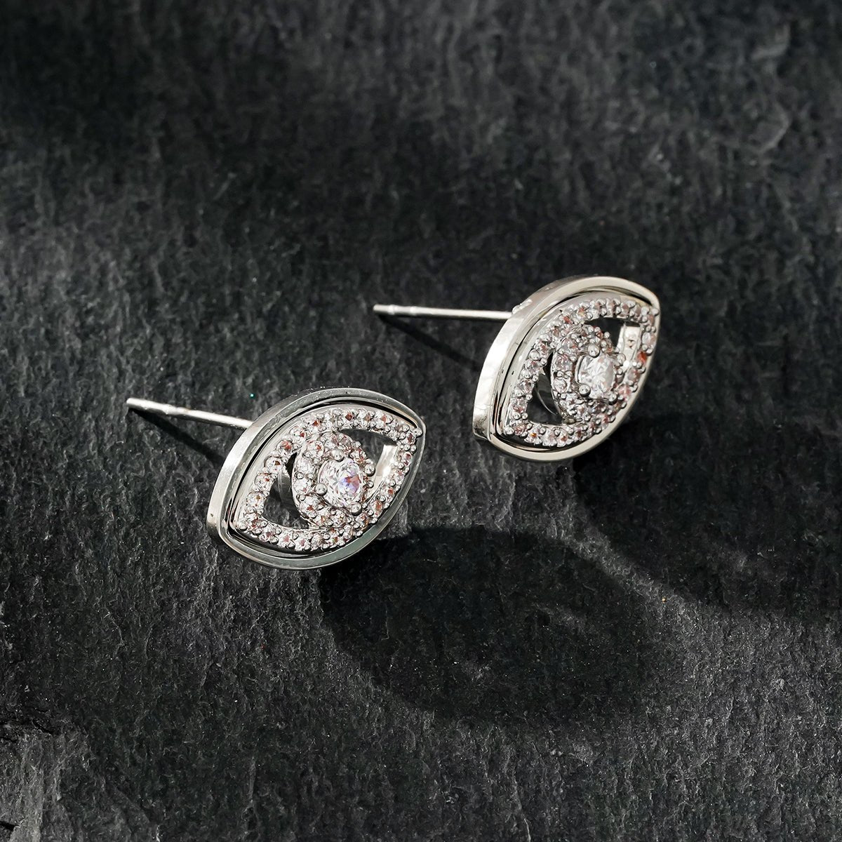 LUCKY EYE White Gold (Silver Toned): Zirconia (CZ) Embellished Evil Eye Stud Earrings - MacroPanora
