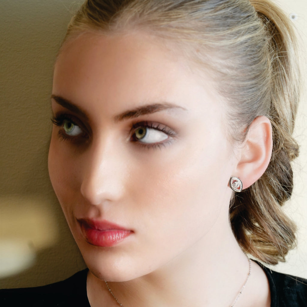 LUCKY EYE White Gold (Silver Toned): Zirconia (CZ) Embellished Evil Eye Stud Earrings - MacroPanora