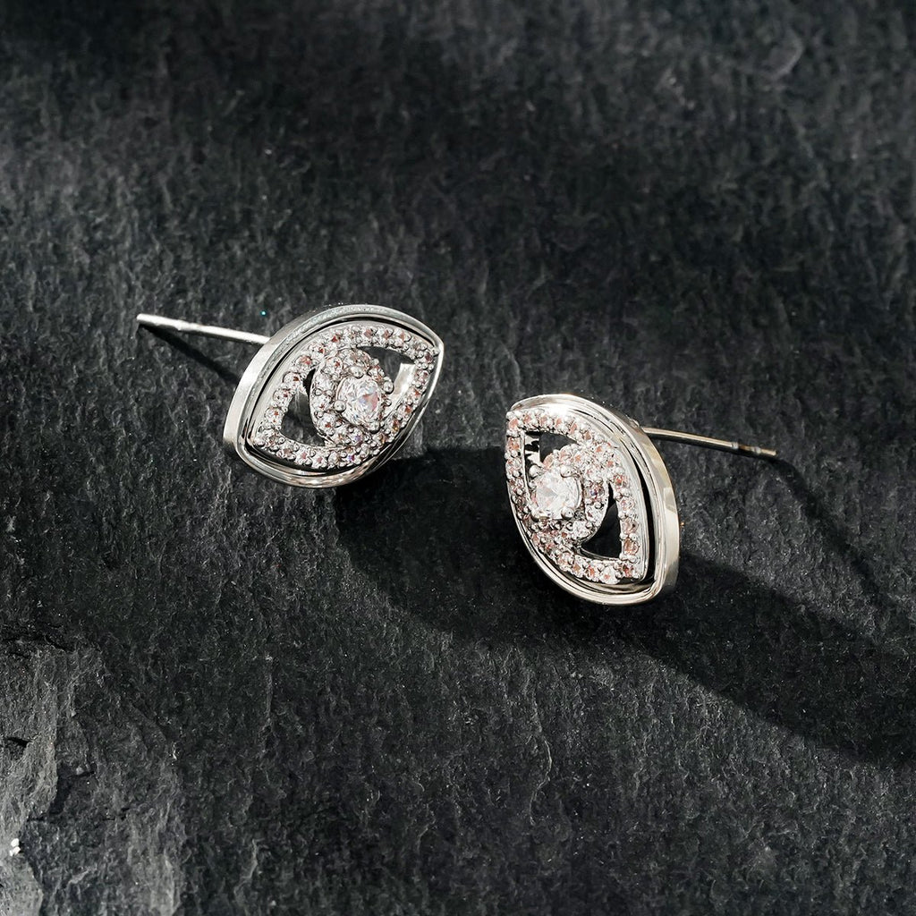LUCKY EYE White Gold (Silver Toned): Zirconia (CZ) Embellished Evil Eye Stud Earrings - MacroPanora