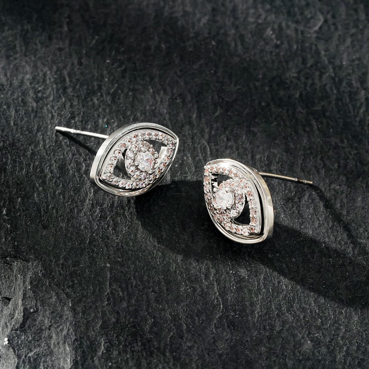LUCKY EYE White Gold (Silver Toned): Zirconia (CZ) Embellished Evil Eye Stud Earrings - MacroPanora