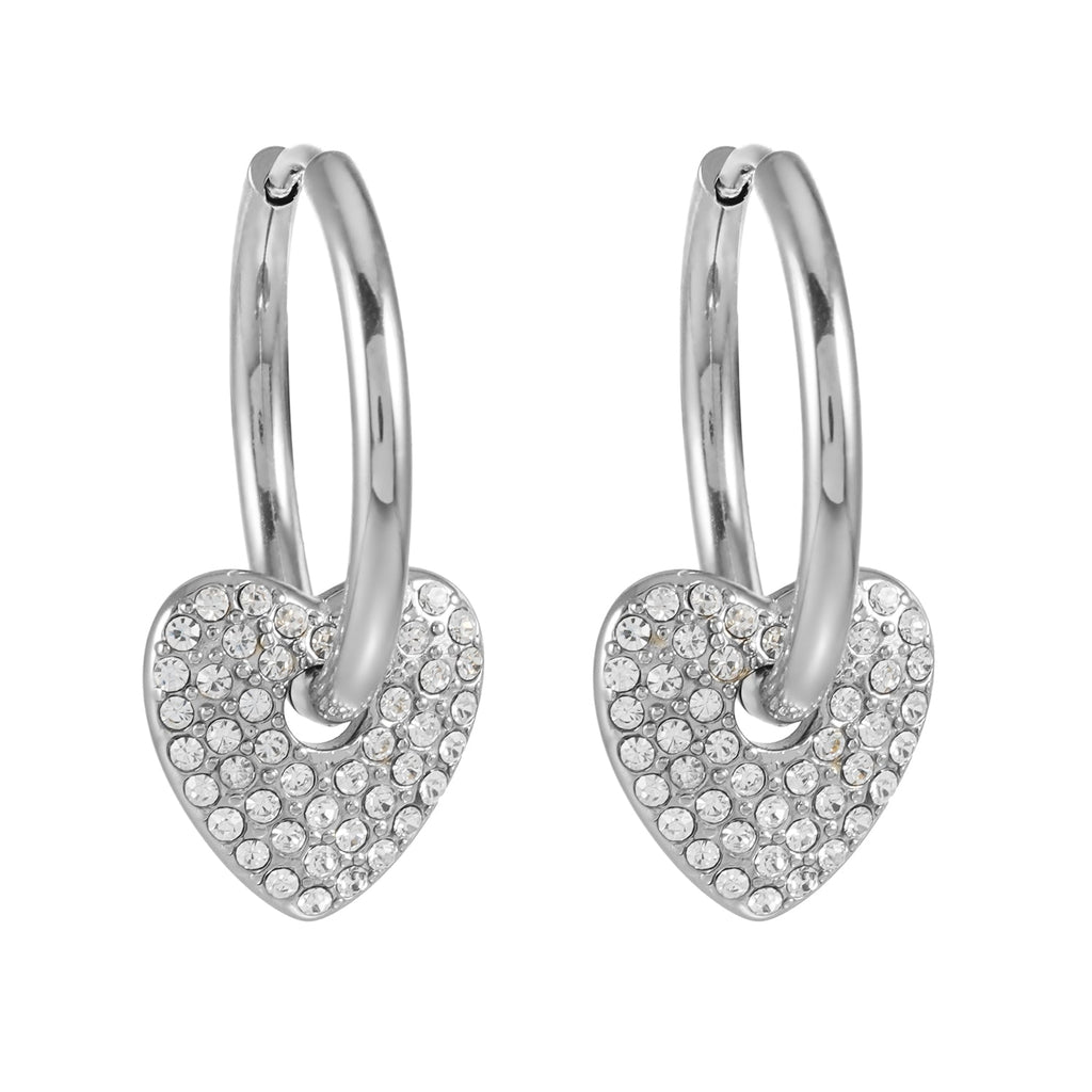 MAABU Silver (White Gold): Vintage Inspired Hoops with Removable Zirconia Embedded Heart Charm - MacroPanora