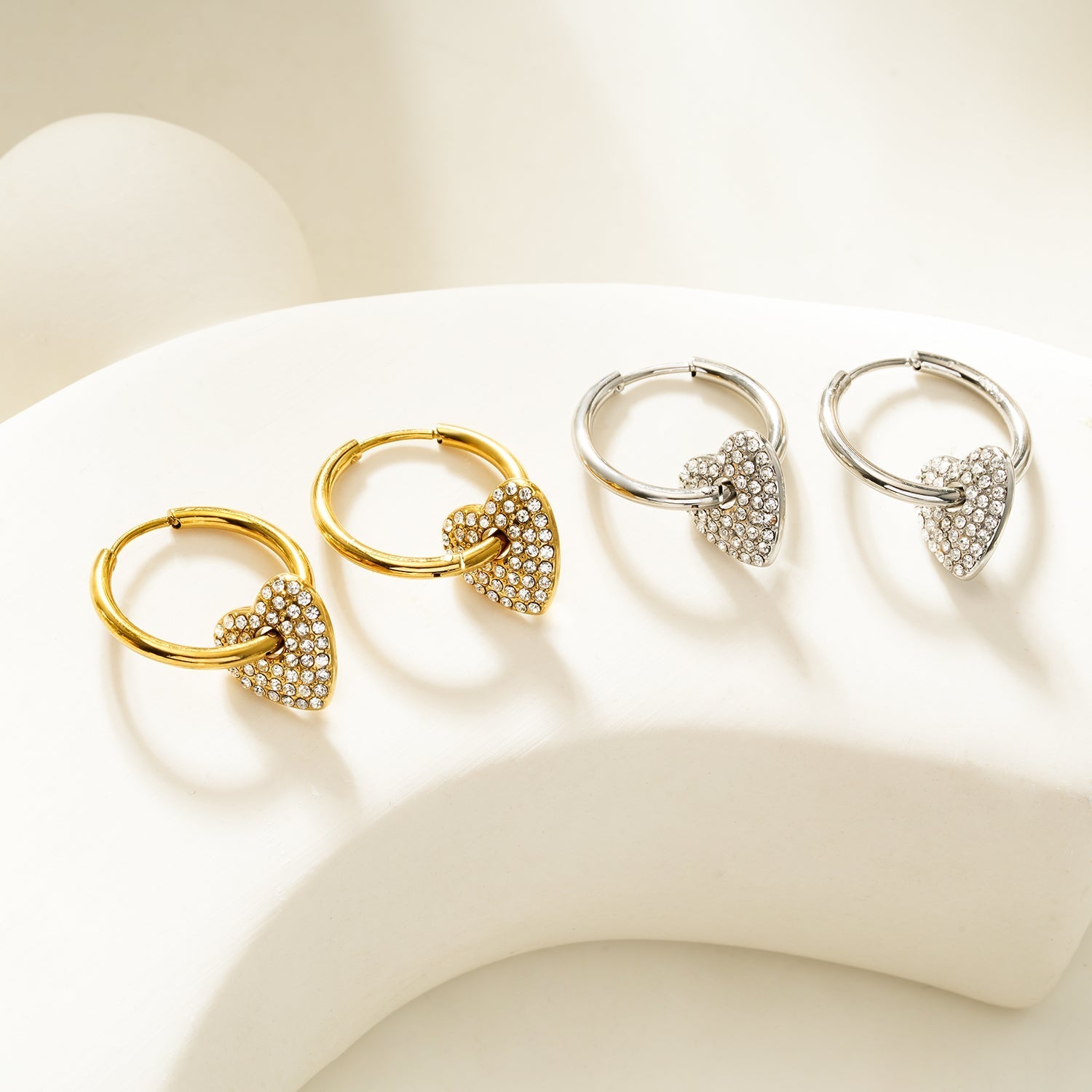 MAABU Silver (White Gold): Vintage Inspired Hoops with Removable Zirconia Embedded Heart Charm - MacroPanora