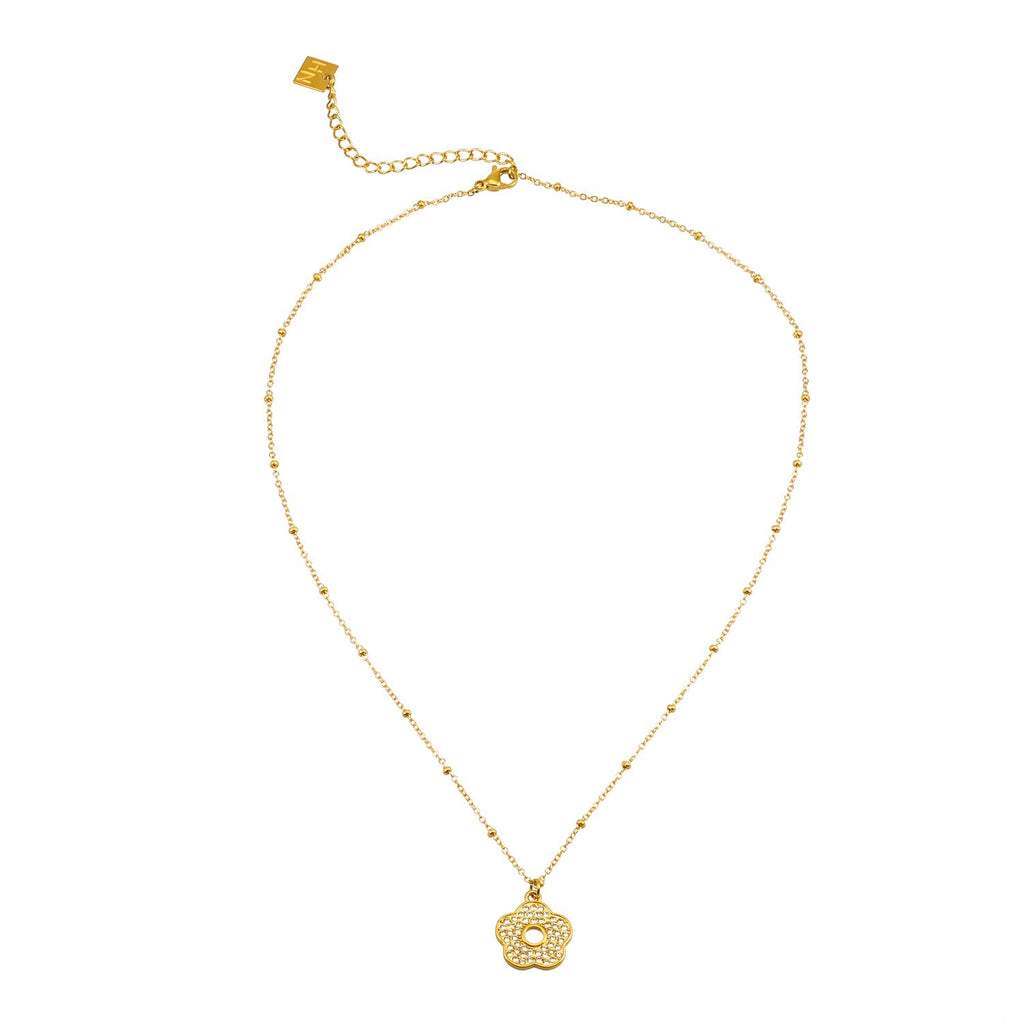 MELRINA Gold - Vintage Bloom: Beaded Chain Necklace with Pave Zirconia Flower Charm - MacroPanora