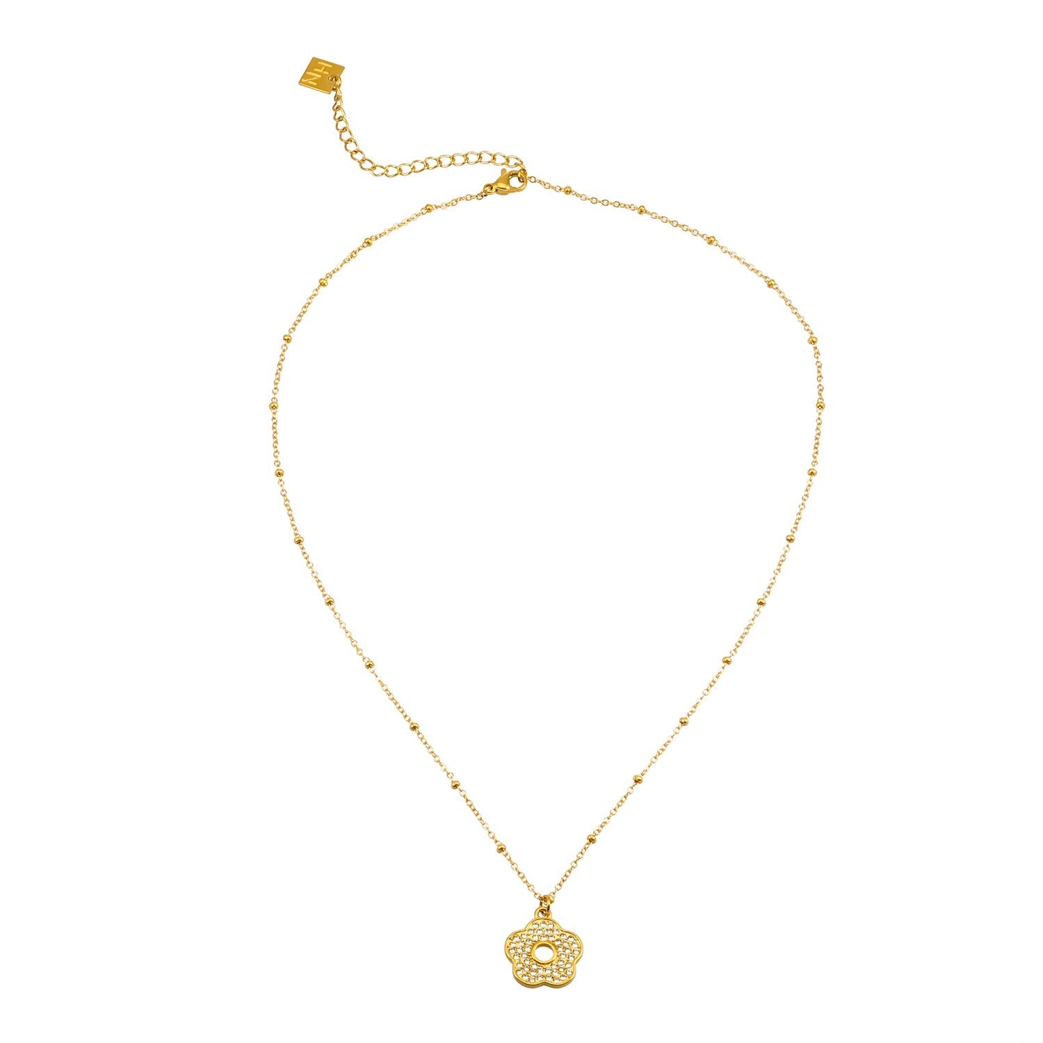 MELRINA Gold - Vintage Bloom: Beaded Chain Necklace with Pave Zirconia Flower Charm - MacroPanora