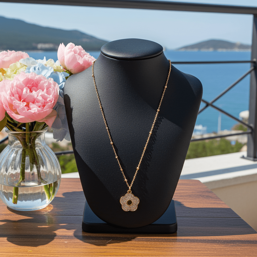 MELRINA Gold - Vintage Bloom: Beaded Chain Necklace with Pave Zirconia Flower Charm - MacroPanora