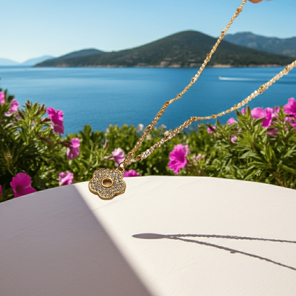 MELRINA Gold - Vintage Bloom: Beaded Chain Necklace with Pave Zirconia Flower Charm - MacroPanora
