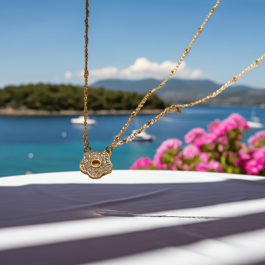 MELRINA Gold - Vintage Bloom: Beaded Chain Necklace with Pave Zirconia Flower Charm - MacroPanora