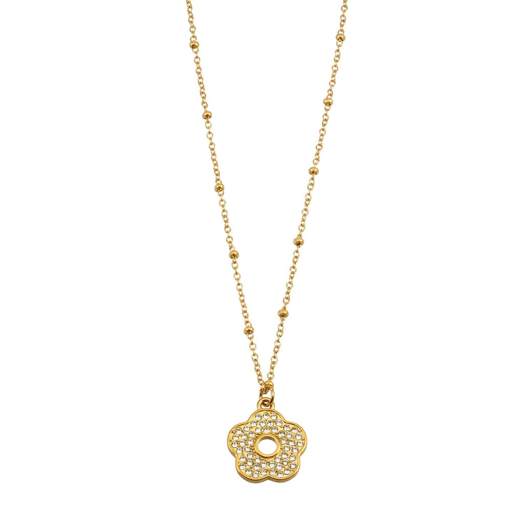 MELRINA Gold - Vintage Bloom: Beaded Chain Necklace with Pave Zirconia Flower Charm - MacroPanora