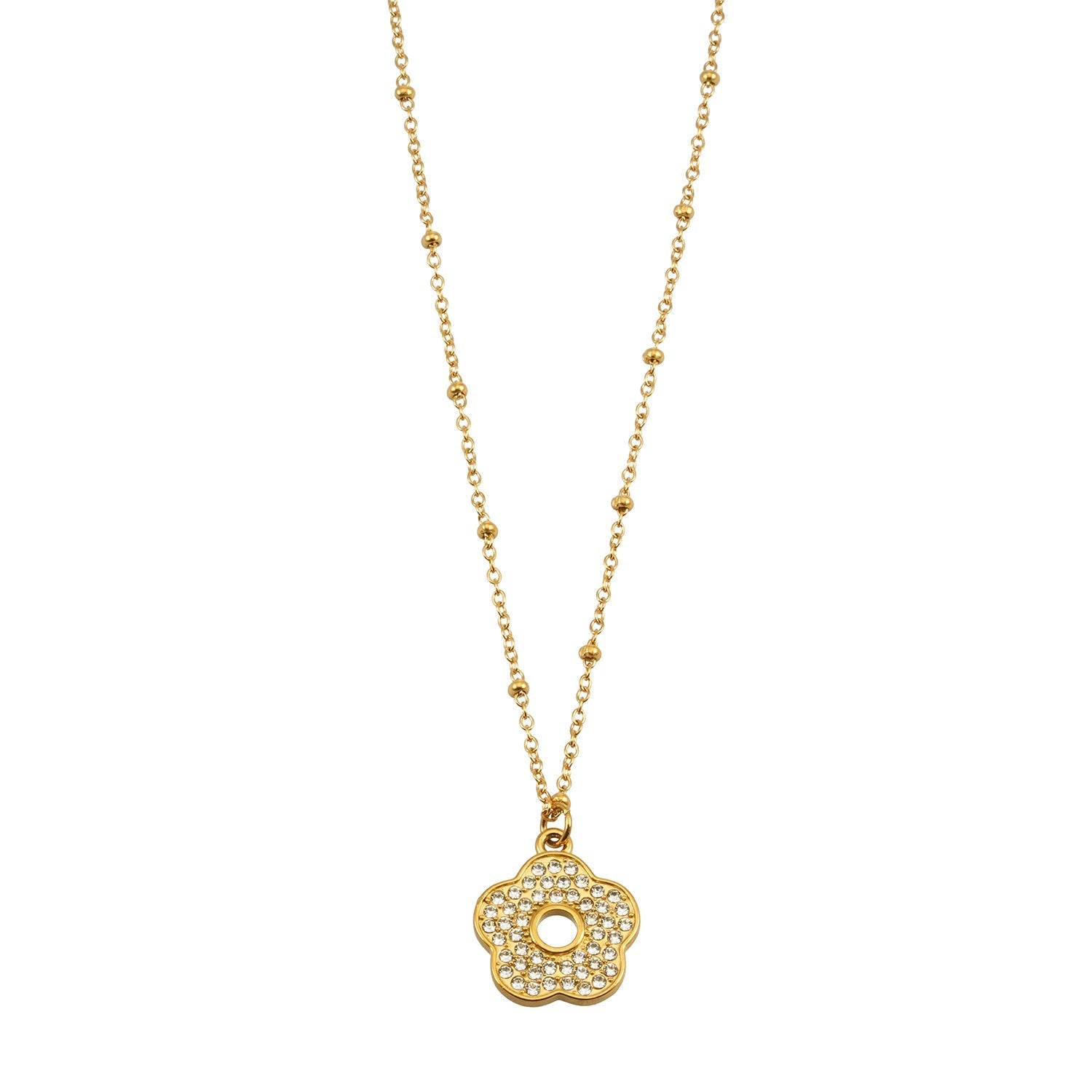 MELRINA Gold - Vintage Bloom: Beaded Chain Necklace with Pave Zirconia Flower Charm - MacroPanora