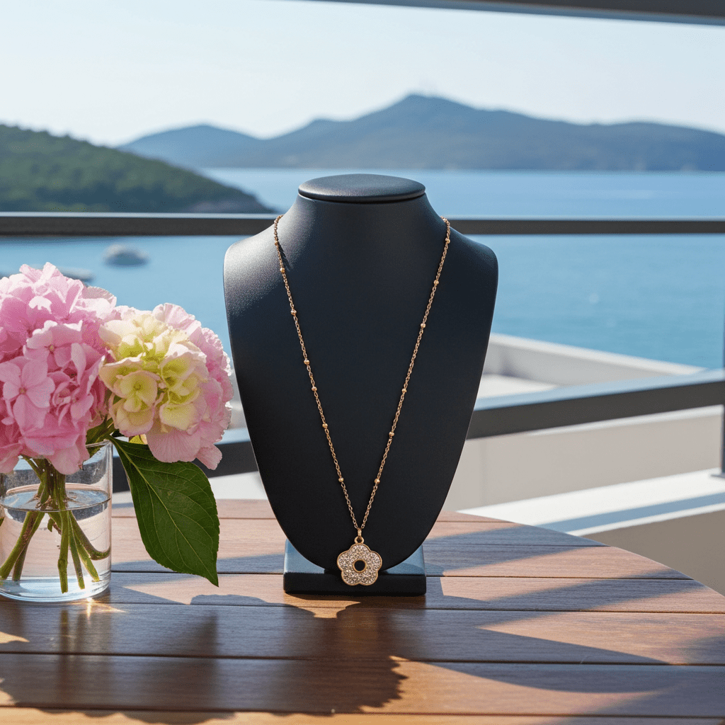MELRINA Gold - Vintage Bloom: Beaded Chain Necklace with Pave Zirconia Flower Charm - MacroPanora