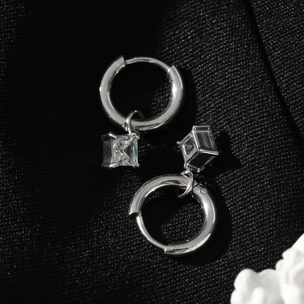 MORANDI White Gold (Silver Toned): Vintage Inspired Hoops with Removable Moissanite Charms - MacroPanora