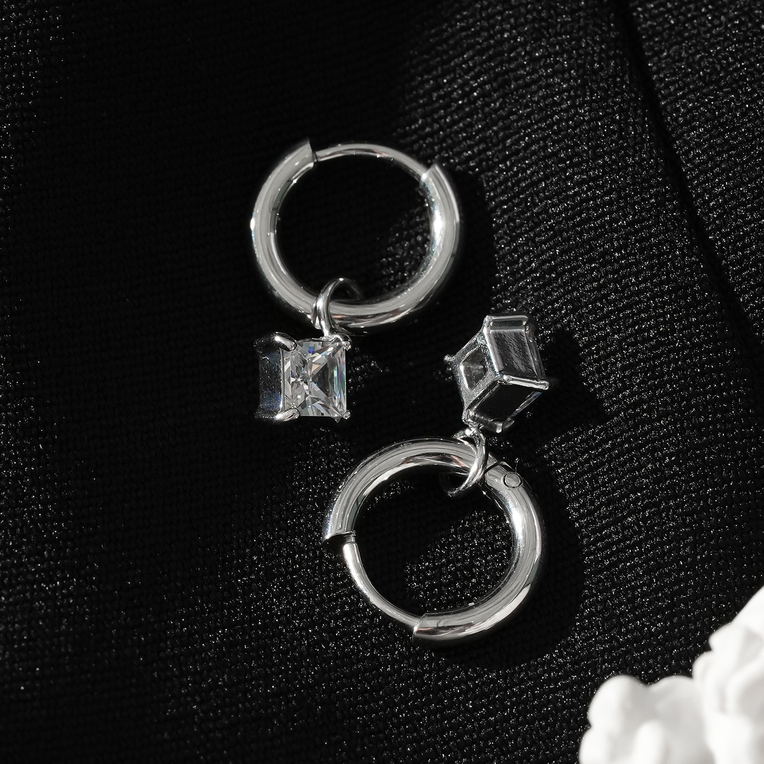 MORANDI White Gold (Silver Toned): Vintage Inspired Hoops with Removable Moissanite Charms - MacroPanora