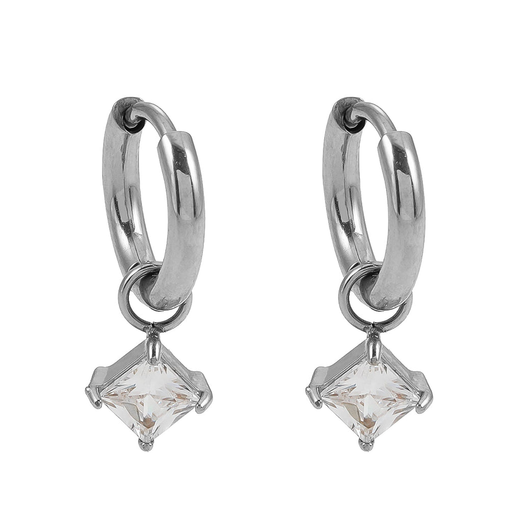 MORANDI White Gold (Silver Toned): Vintage Inspired Hoops with Removable Moissanite Charms - MacroPanora