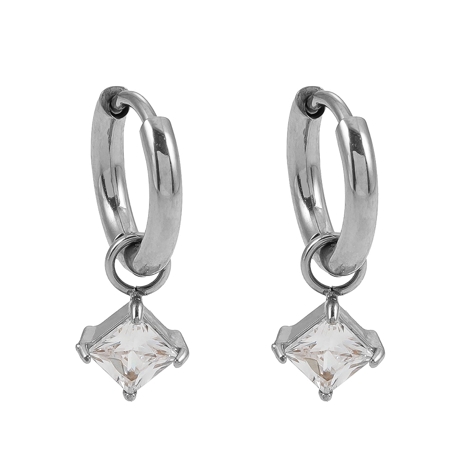 MORANDI White Gold (Silver Toned): Vintage Inspired Hoops with Removable Moissanite Charms - MacroPanora