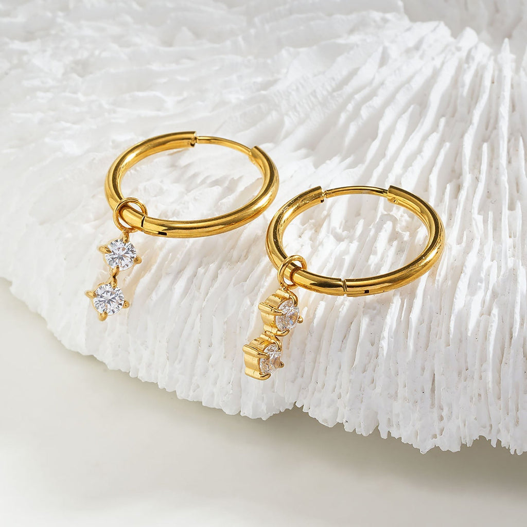 MORTAINA Gold: Retro Inspired Mini Hoops with Duo Zirconia Charms - MacroPanora