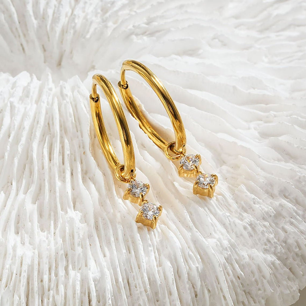 MORTAINA Gold: Retro Inspired Mini Hoops with Duo Zirconia Charms - MacroPanora