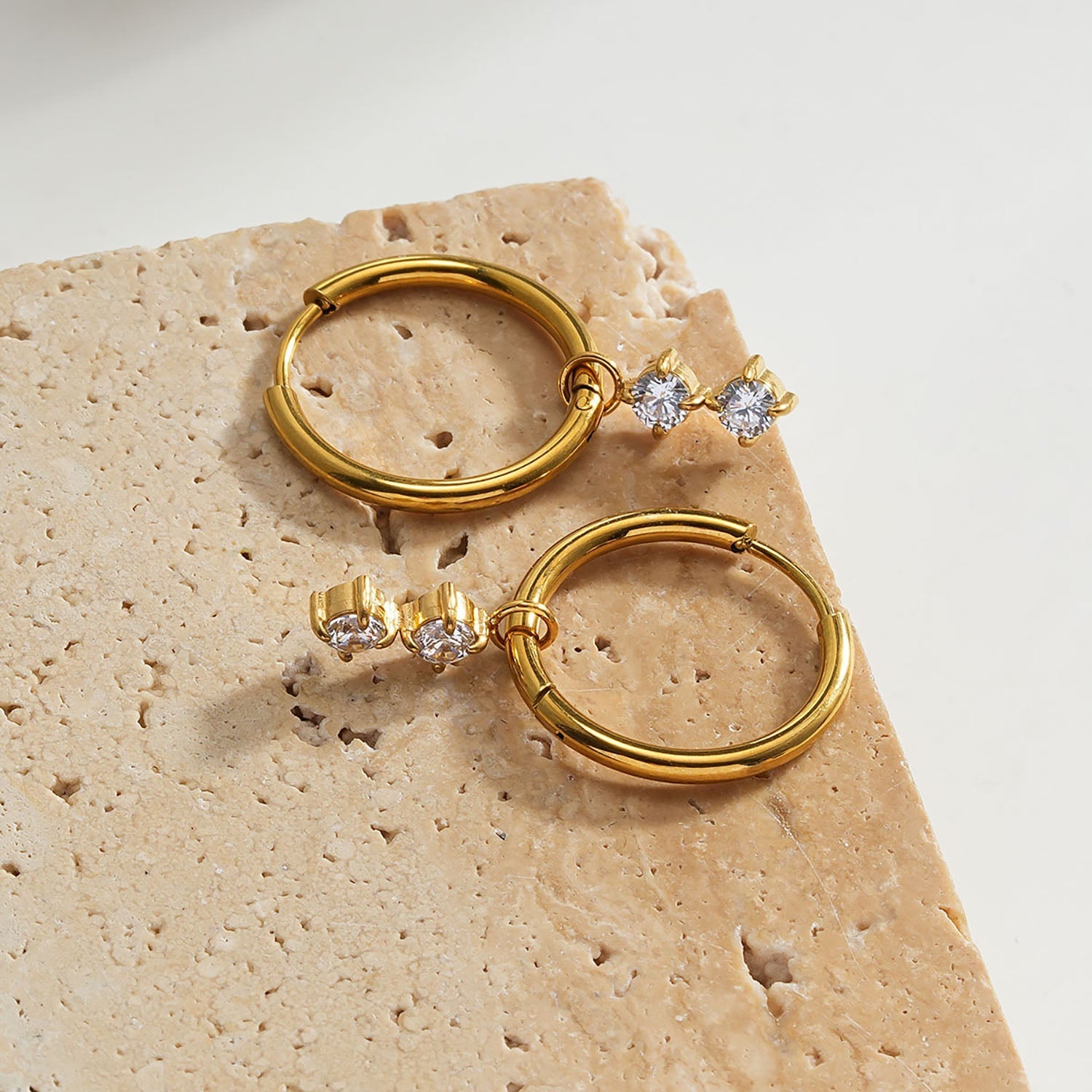 MORTAINA Gold: Retro Inspired Mini Hoops with Duo Zirconia Charms - MacroPanora
