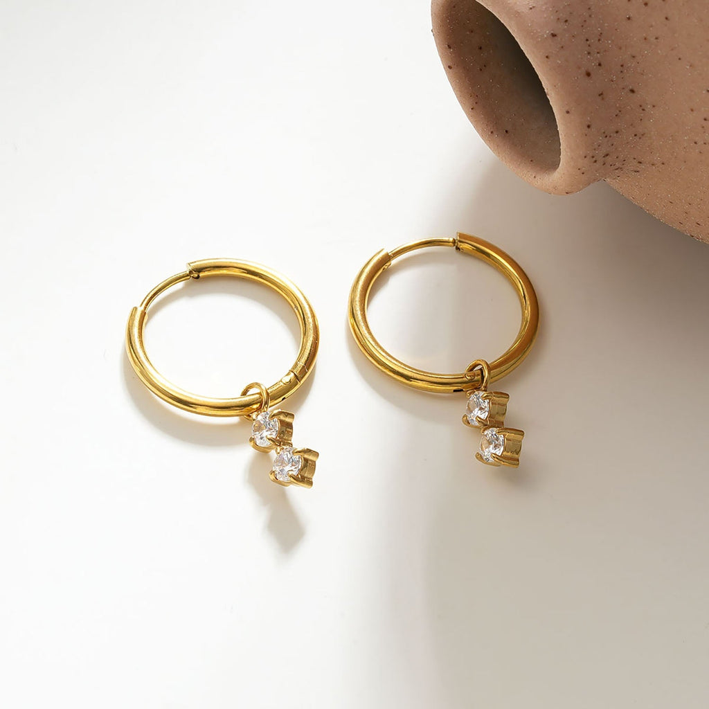 MORTAINA Gold: Retro Inspired Mini Hoops with Duo Zirconia Charms - MacroPanora